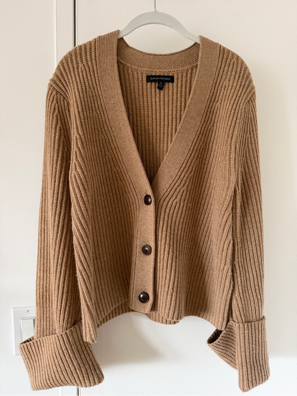Banana Republic Camel Wool & Cashmere Ribbed Button Cardigan